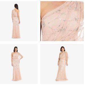 Adrianna Papell ONE SHOULDER BEADED GOWN IN BLUSH
